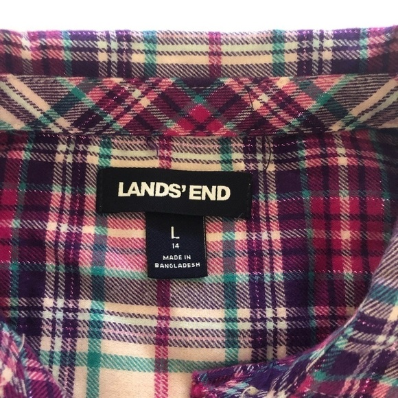 Land’s End Girls Button Down Flannel Shimmer Plaid Shirt Size L-14 - Picture 6 of 15